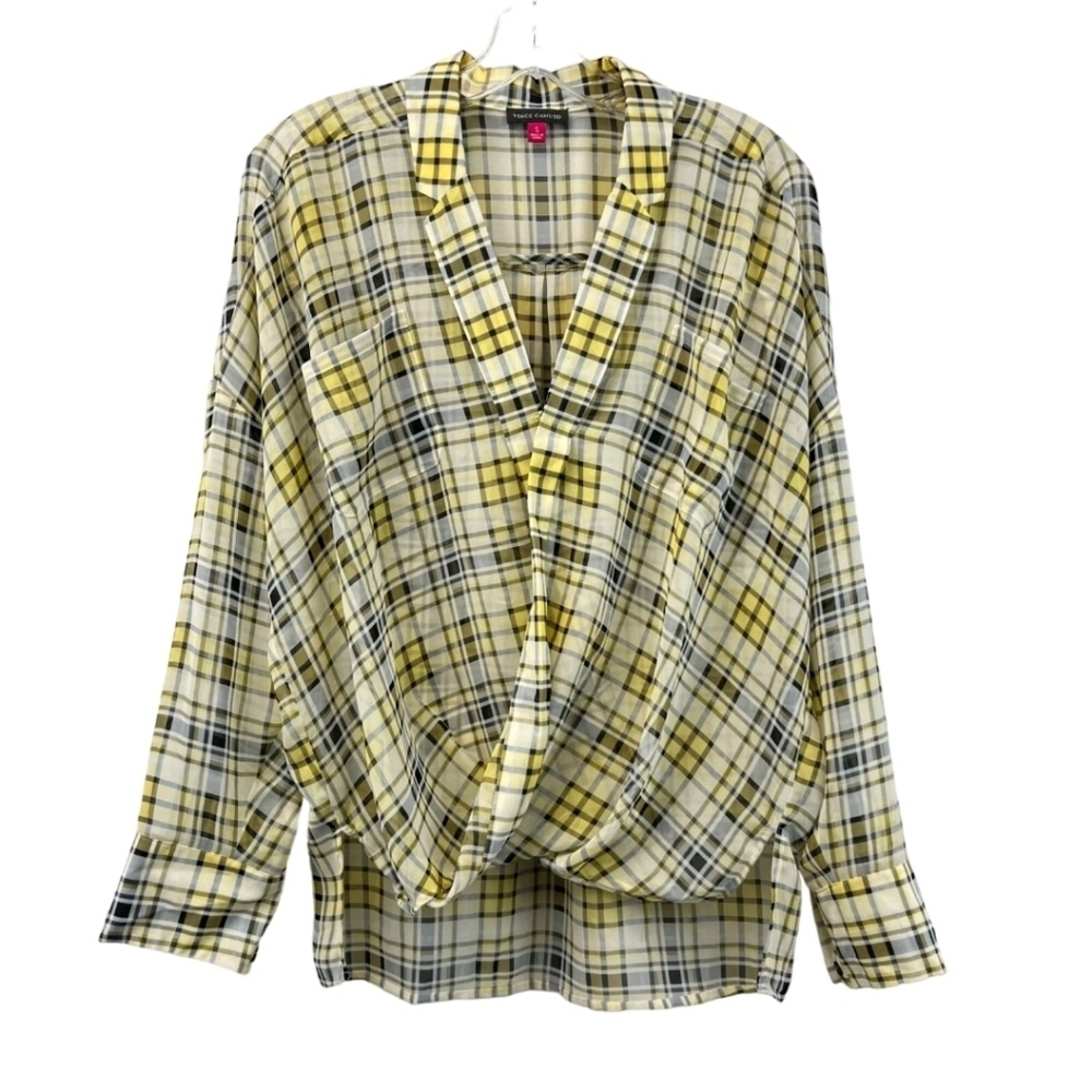 Vince Camuto Yellow Black Plaid Blouse Small